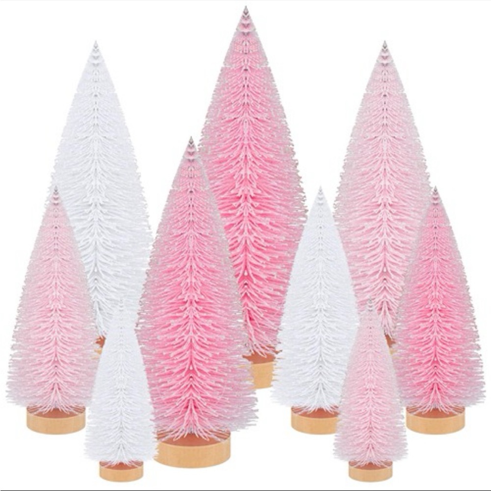 NWT 9pc Pink & White Bottle Brush Tree Set - Holiday Table Decor